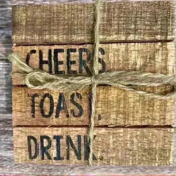 NEW SET of 4 Distressed Wood Coasters by Mud Pie - CHEERS, TOAST, DRINK - Picture 7 of 9
